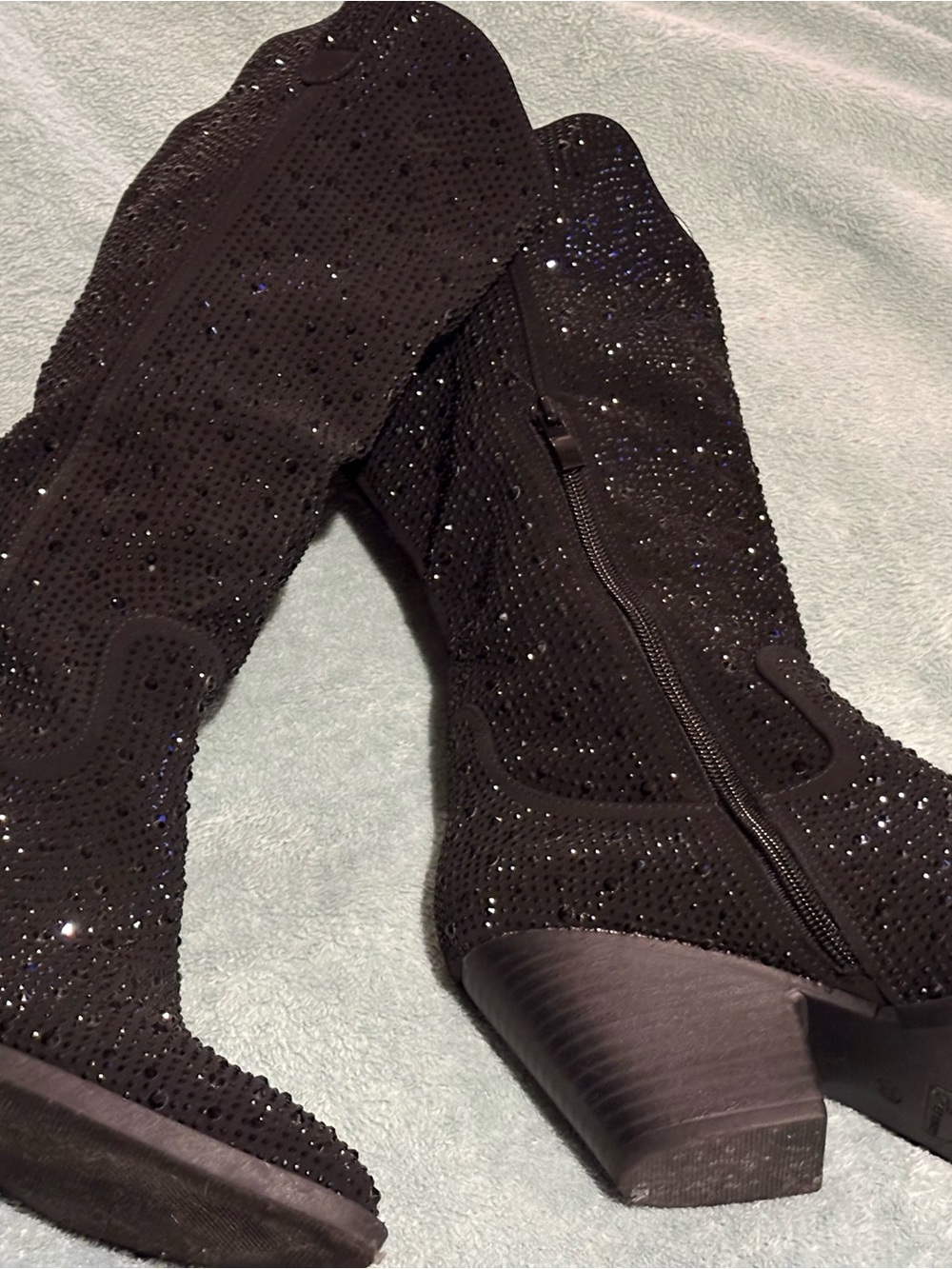 Forever 21 Black Sparkle Knee-High Heeled Boots